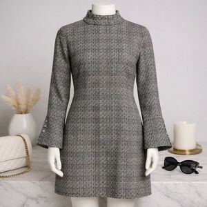 Karl Lagerfeld Plaid Tweed Shift Dress – Gray, Long Sleeve, Classic Chic